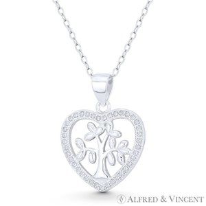 Heart & Tree-of-Life Charm CZ Crystal Pave Pendant in .925 Sterling Silver